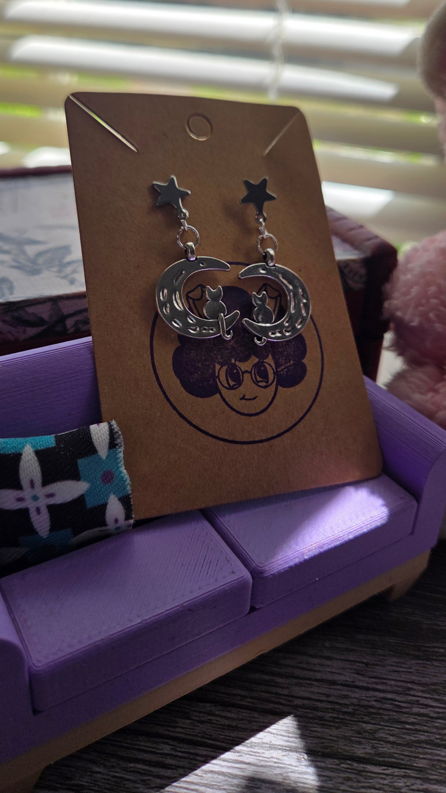 Cute Cat Moon Earrings – Silver Crescent Moon Kitty Dangle Earrings – Kawaii Celestial Jewelry Gift