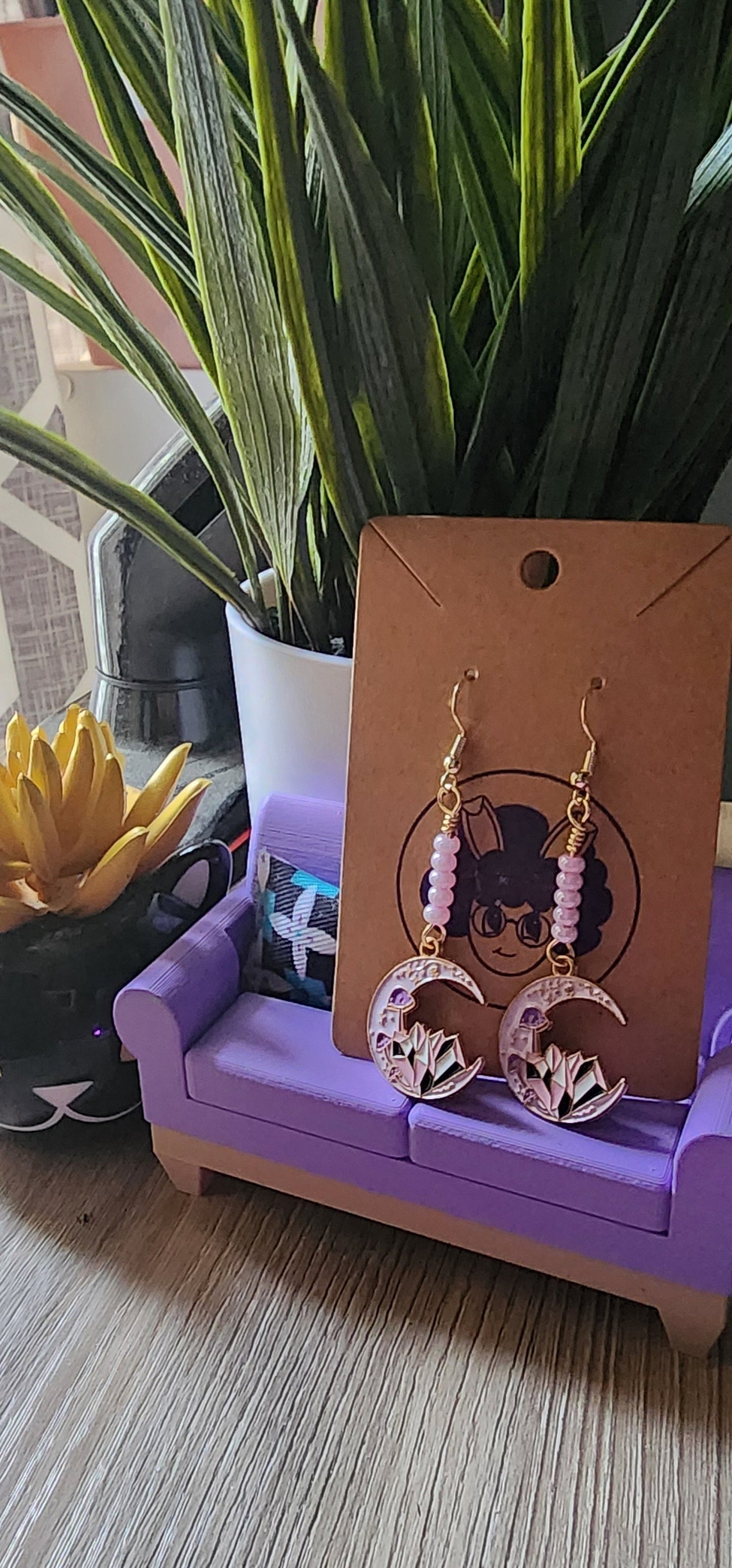 Cute Pink Moon with Crystals Dangle Earrings