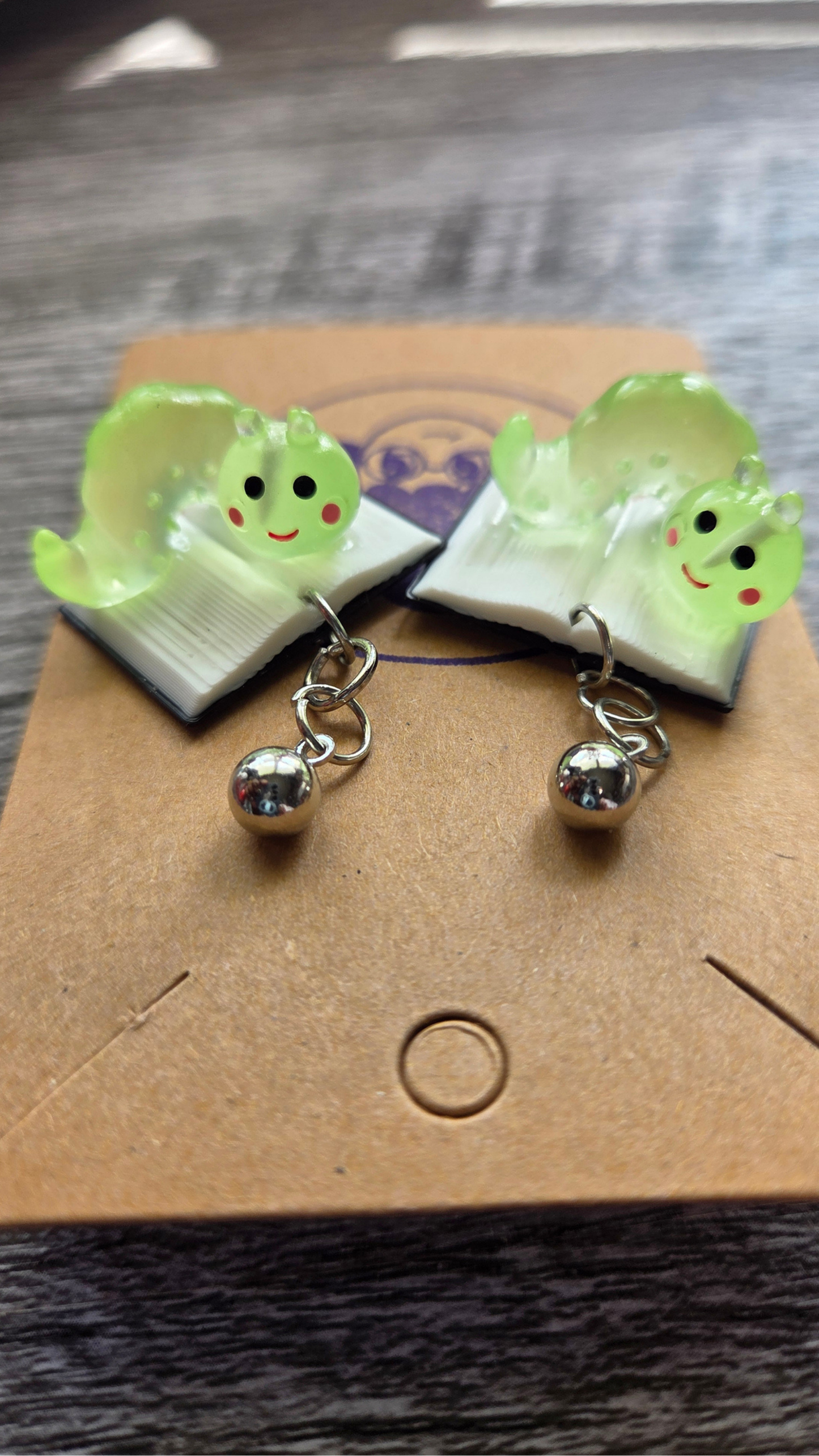Glow Worm Book Earrings – Cute Book Lover Earrings – Glow in the Dark Kawaii Reader Jewelry Gift
