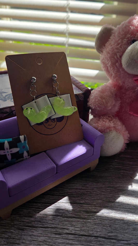 Glow Worm Book Earrings – Cute Book Lover Earrings – Glow in the Dark Kawaii Reader Jewelry Gift