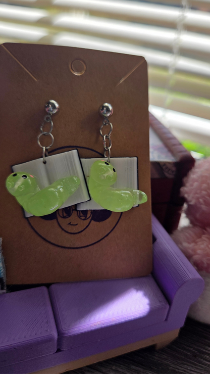 Glow Worm Book Earrings – Cute Book Lover Earrings – Glow in the Dark Kawaii Reader Jewelry Gift