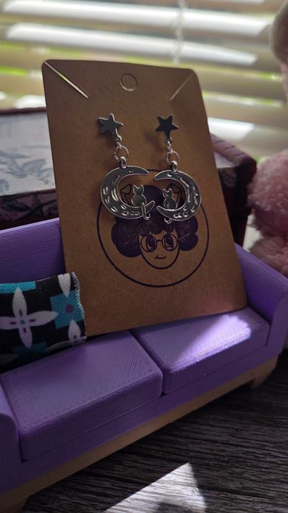 Cute Cat Moon Earrings – Silver Crescent Moon Kitty Dangle Earrings – Kawaii Celestial Jewelry Gift