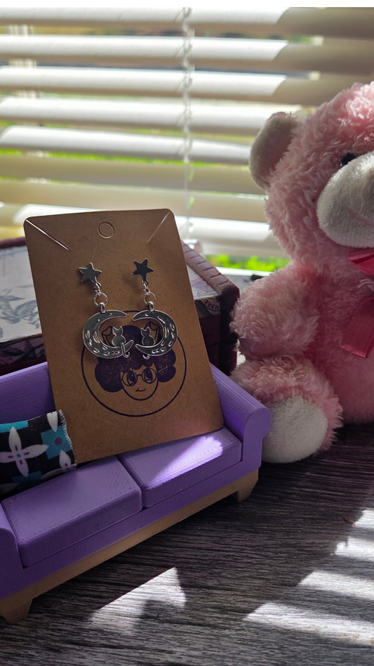 Cute Cat Moon Earrings – Silver Crescent Moon Kitty Dangle Earrings – Kawaii Celestial Jewelry Gift