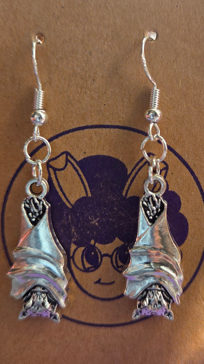 Spooky Bat Earrings – Silver Upside Down Bat Dangle Earrings – Gothic Cute Halloween Jewelry Gift