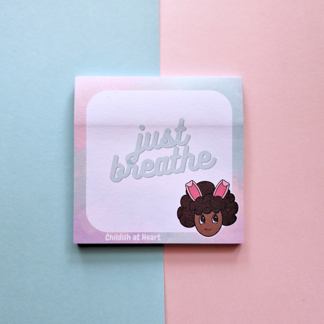 Just Breathe 3*3 Sticky Note Pad - Cute Afro Bunny Design | Kawaii Stationery for Work, School, or Journaling