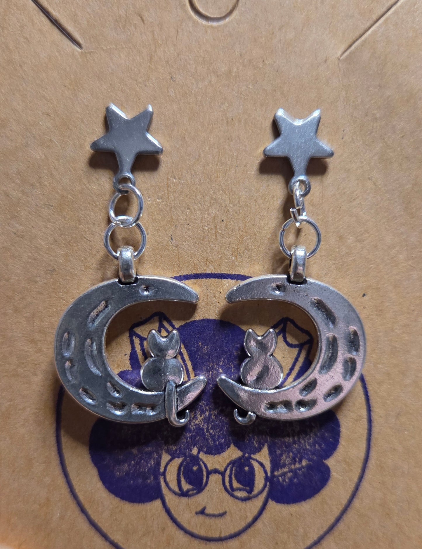 Cute Cat Moon Earrings – Silver Crescent Moon Kitty Dangle Earrings – Kawaii Celestial Jewelry Gift