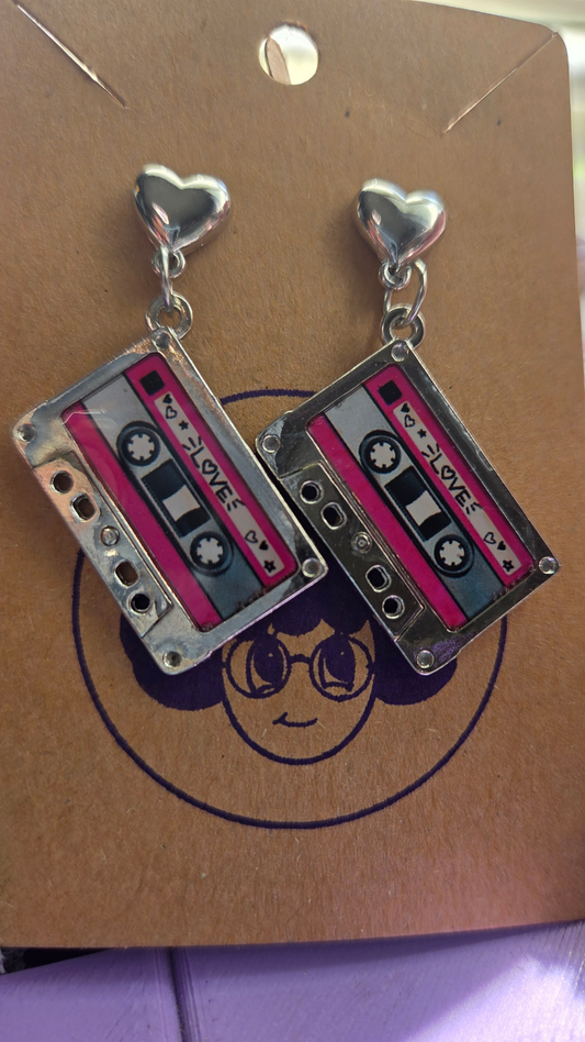 Cute Retro Cassette Tape Earrings – Pink & Silver 80s Dangle Earrings – Nostalgic Kawaii Jewelry Gift