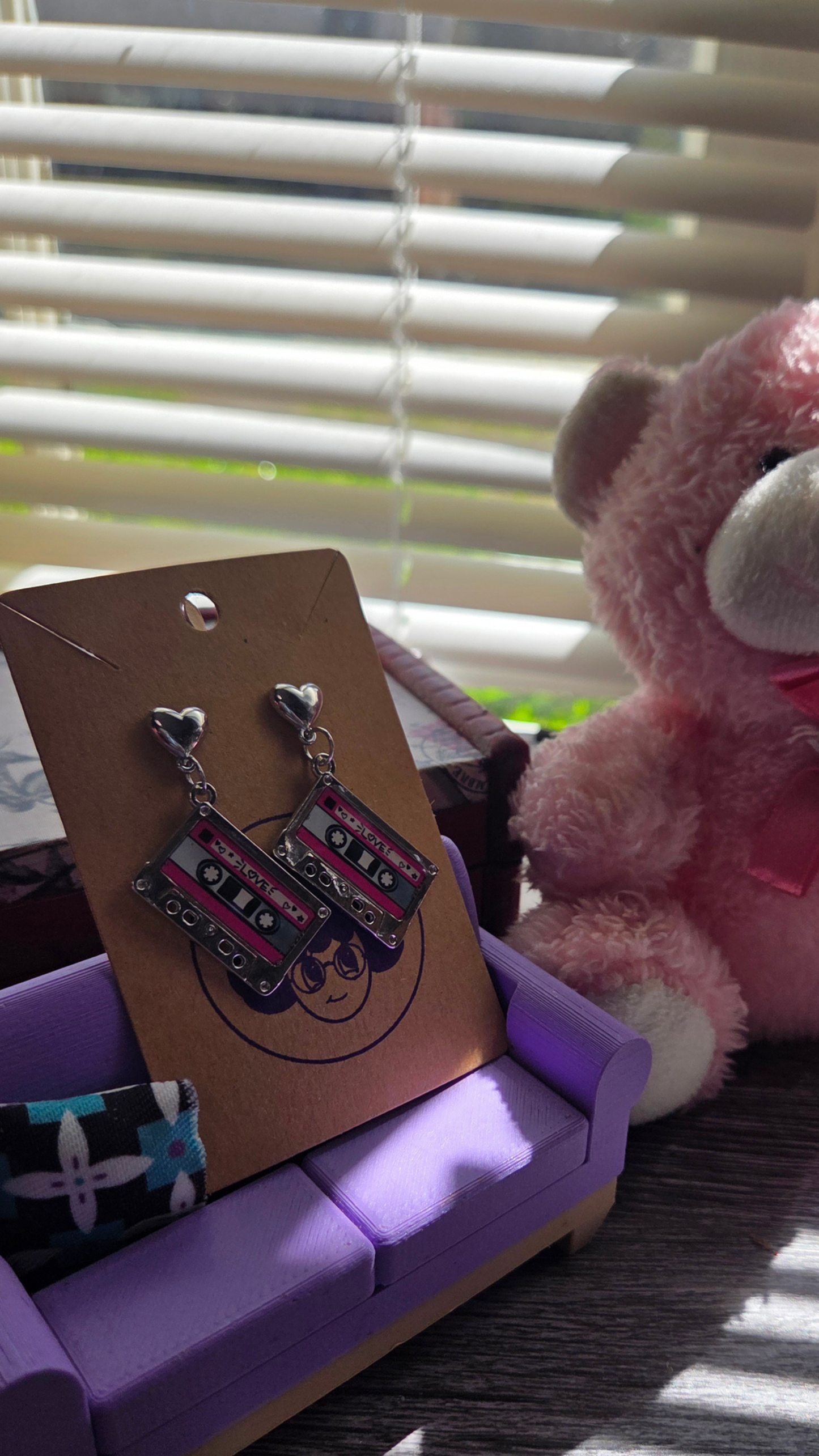 Cute Retro Cassette Tape Earrings – Pink & Silver 80s Dangle Earrings – Nostalgic Kawaii Jewelry Gift
