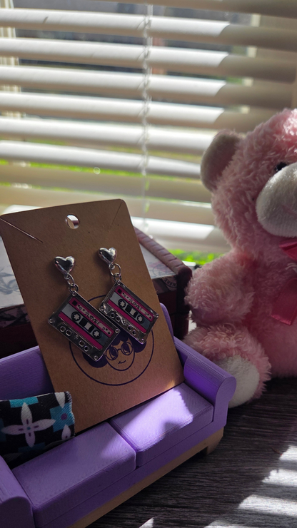 Cute Retro Cassette Tape Earrings – Pink & Silver 80s Dangle Earrings – Nostalgic Kawaii Jewelry Gift