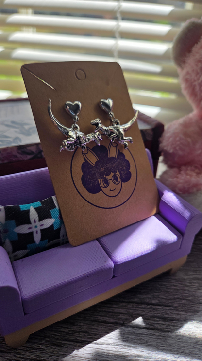 Cute Velociraptor Heart Earrings – Silver Dinosaur Dangle Stud Earrings – Kawaii Prehistoric Jewelry Gift