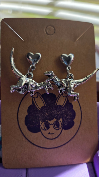 Cute Velociraptor Heart Earrings – Silver Dinosaur Dangle Stud Earrings – Kawaii Prehistoric Jewelry Gift