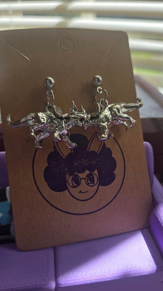 Cute Triceratops Heart Earrings – Silver Dinosaur Dangle Stud Earrings – Kawaii Prehistoric Jewelry Gift