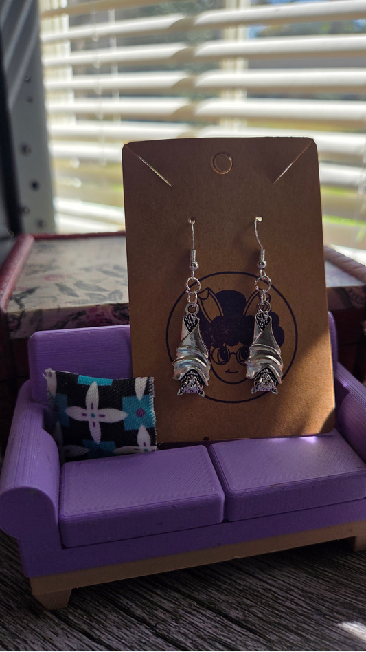 Spooky Bat Earrings – Silver Upside Down Bat Dangle Earrings – Gothic Cute Halloween Jewelry Gift