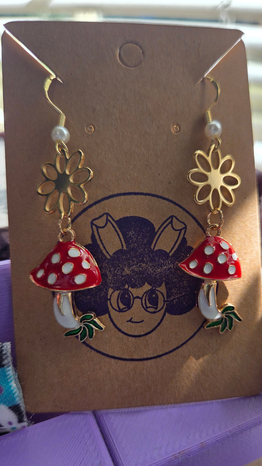 Cute Mushroom Earrings – Red Enamel Fungi Dangle Earrings – Cozy Kawaii Cottagecore Jewelry Gift