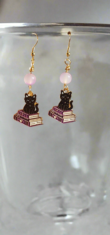 Cute Black Cat and Books Dangle Earrings