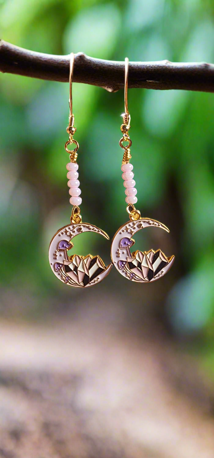 Cute Pink Moon with Crystals Dangle Earrings