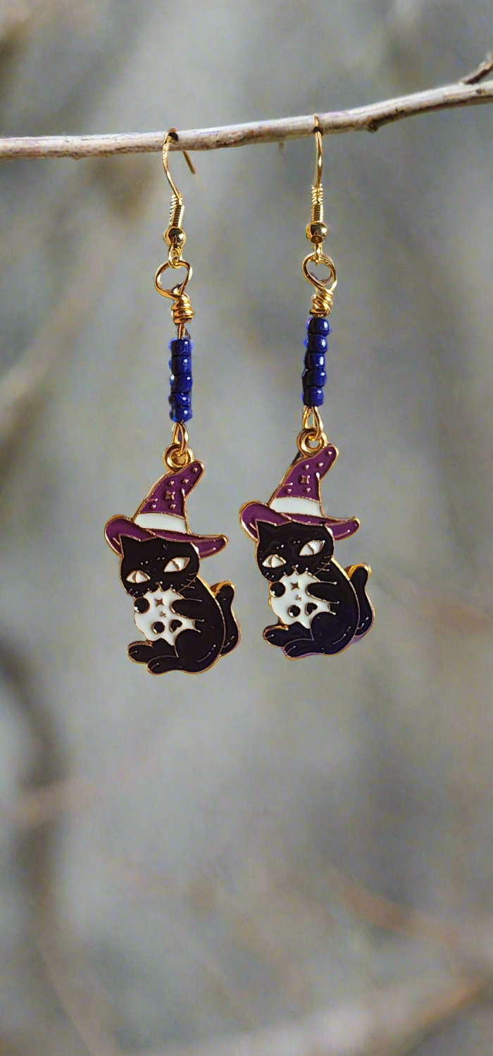 Witchy Black Cat Dangle Earrings