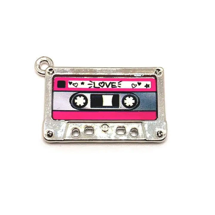 Cute Retro Cassette Tape Earrings – Pink & Silver 80s Dangle Earrings – Nostalgic Kawaii Jewelry Gift